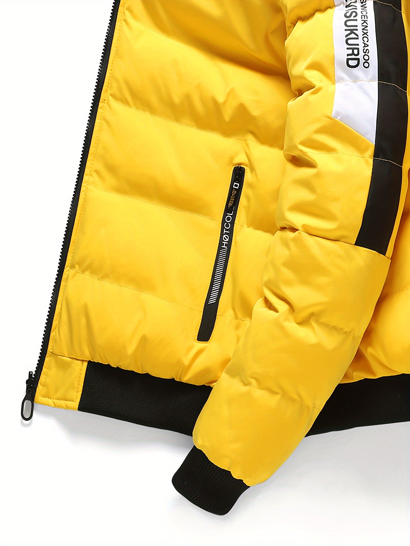 Men's Hooded Jacket - Casual 100% Polyester Winter Coat with Alphabet Pattern and Zipper Details