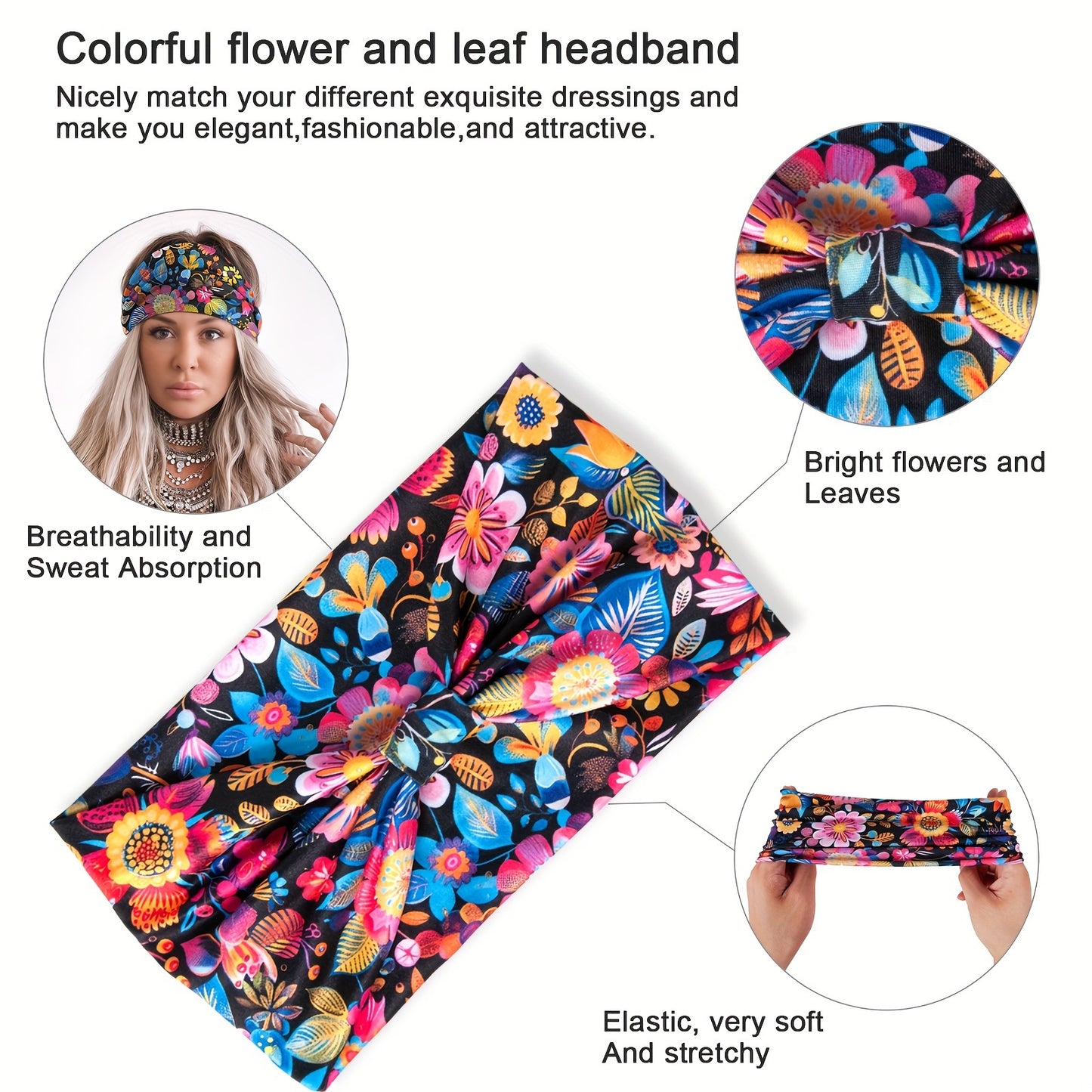 Vintage Floral Polyester Headband - Breathable Hair Accessory