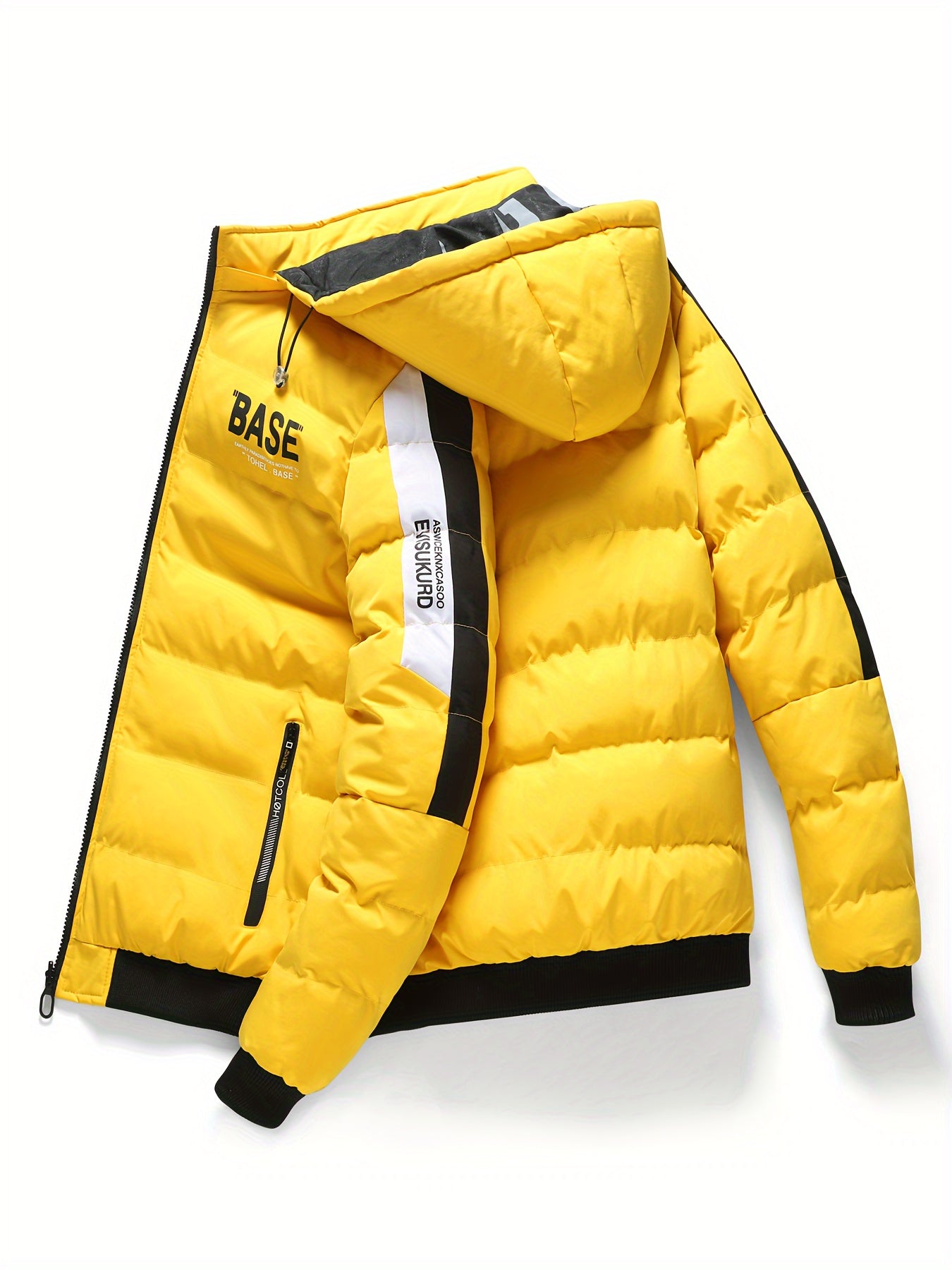 Men's Hooded Jacket - Casual 100% Polyester Winter Coat with Alphabet Pattern and Zipper Details