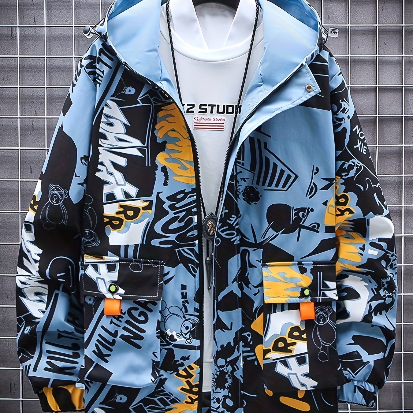 Men's Fashion Graffiti Mid-Length Windbreaker Jacket - Stylish Hooded Jacket for All Seasons