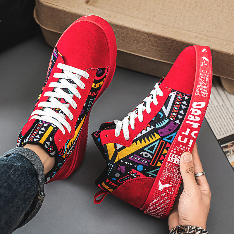 High-Top Red Geometric Skate Sneakers - Non-Slip, Durable Lace-Up Casual Sports Shoes