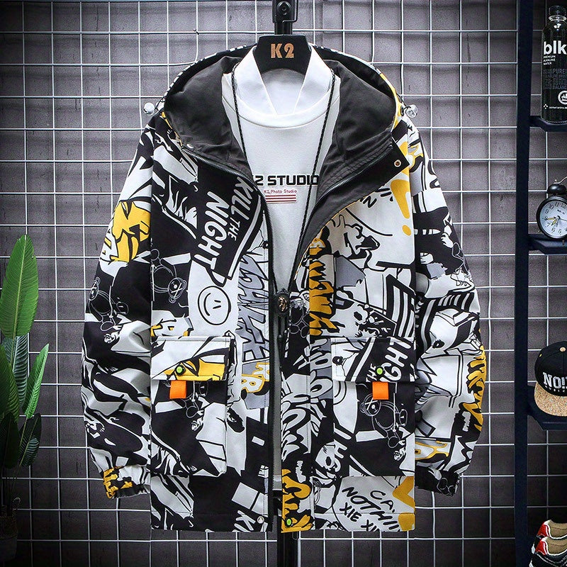 Men's Fashion Graffiti Mid-Length Windbreaker Jacket - Stylish Hooded Jacket for All Seasons