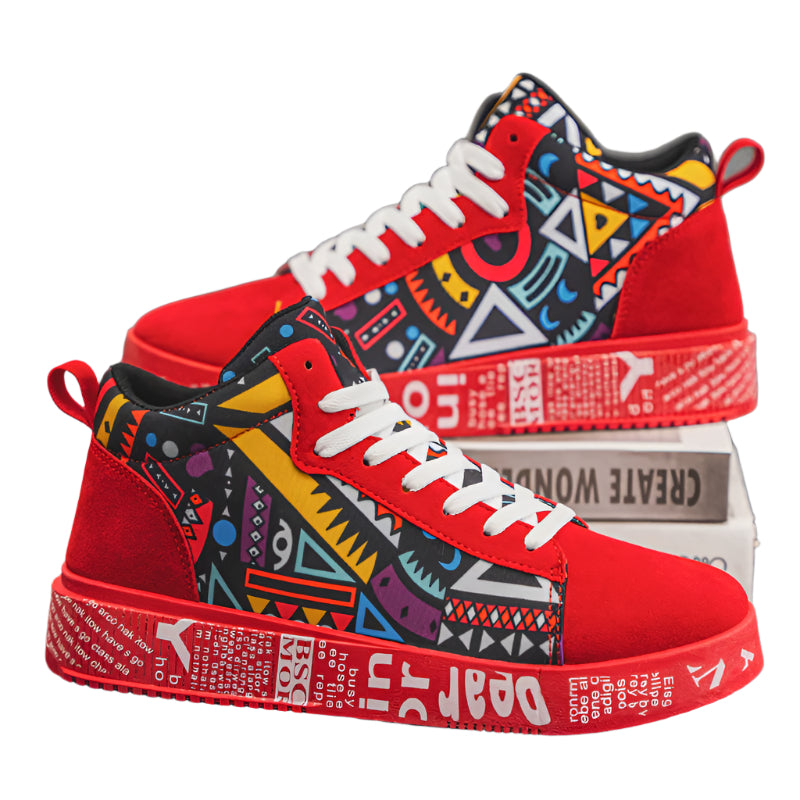 High-Top Red Geometric Skate Sneakers - Non-Slip, Durable Lace-Up Casual Sports Shoes