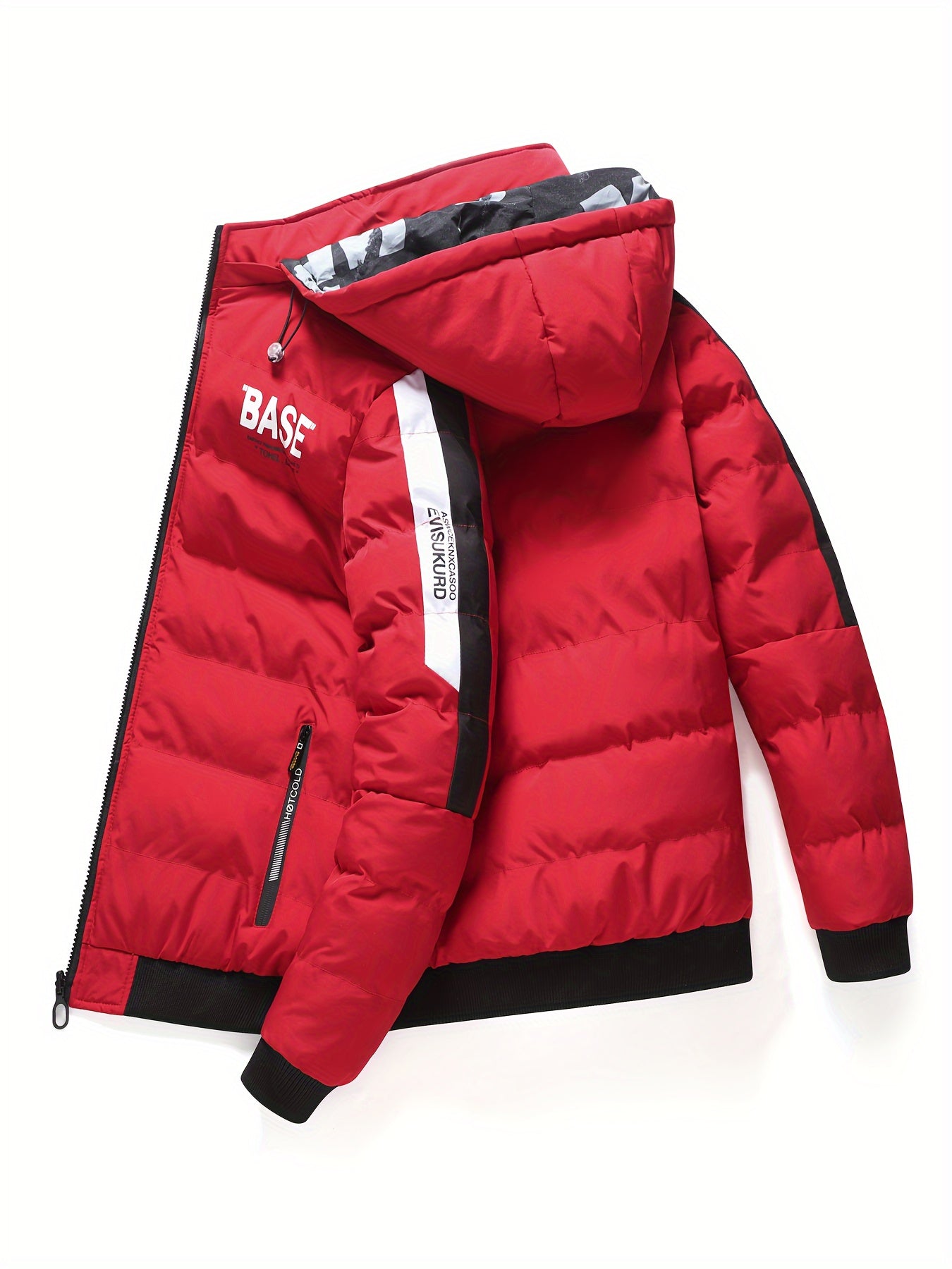 Men's Hooded Jacket - Casual 100% Polyester Winter Coat with Alphabet Pattern and Zipper Details