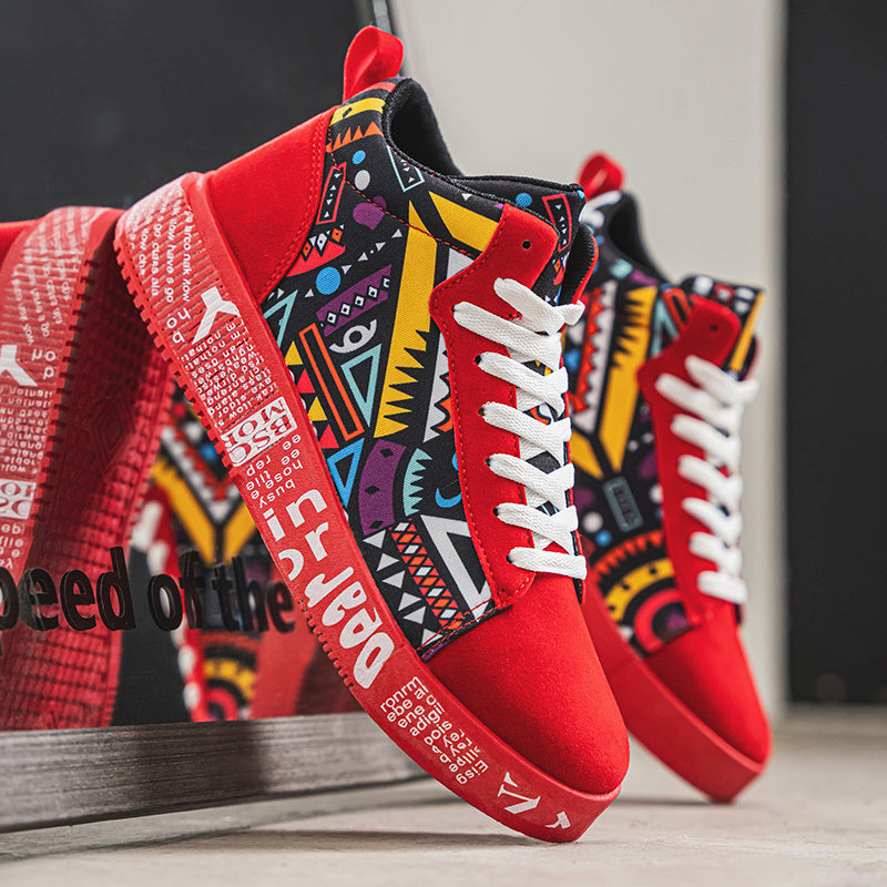 High-Top Red Geometric Skate Sneakers - Non-Slip, Durable Lace-Up Casual Sports Shoes