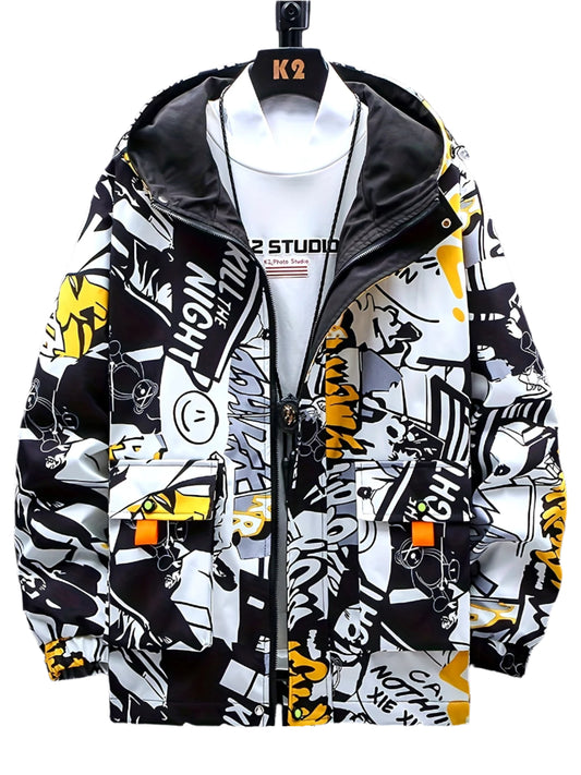 Men's Fashion Graffiti Mid-Length Windbreaker Jacket - Stylish Hooded Jacket for All Seasons