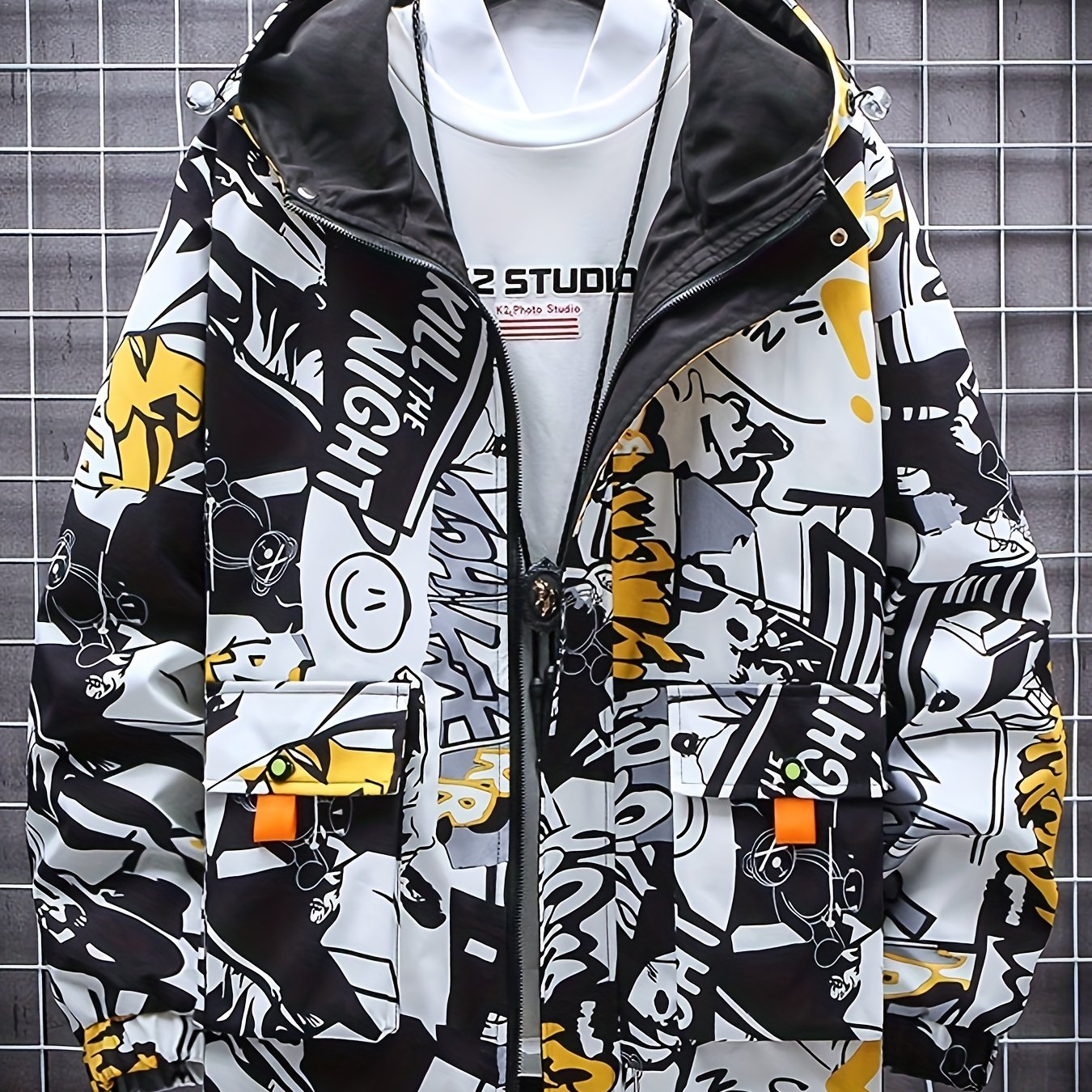 Men's Fashion Graffiti Mid-Length Windbreaker Jacket - Stylish Hooded Jacket for All Seasons