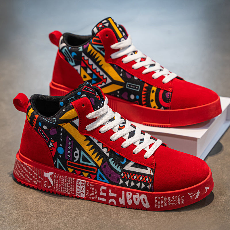 High-Top Red Geometric Skate Sneakers - Non-Slip, Durable Lace-Up Casual Sports Shoes