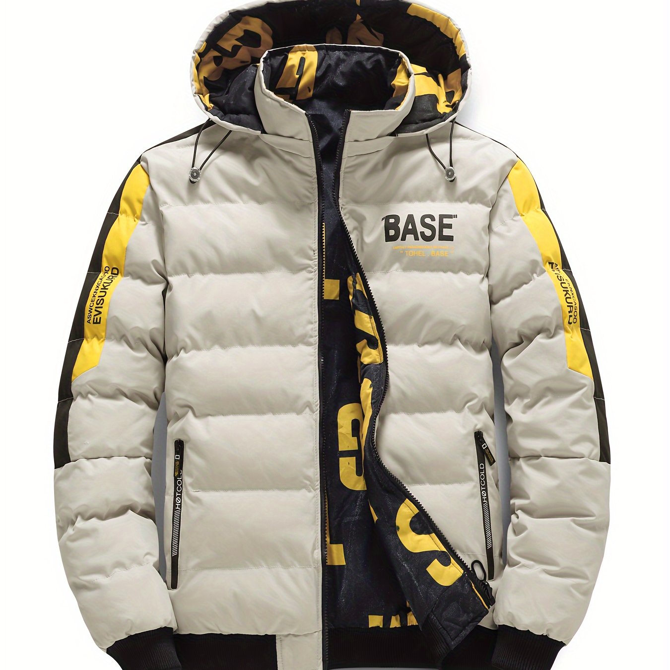 Men's Hooded Jacket - Casual 100% Polyester Winter Coat with Alphabet Pattern and Zipper Details