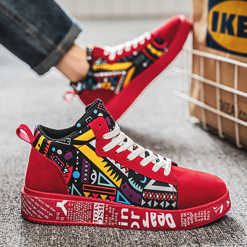 High-Top Red Geometric Skate Sneakers - Non-Slip, Durable Lace-Up Casual Sports Shoes