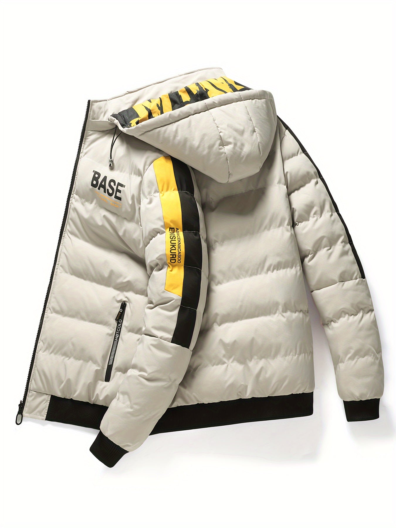 Men's Hooded Jacket - Casual 100% Polyester Winter Coat with Alphabet Pattern and Zipper Details